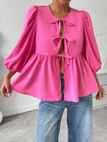 Essnce Women's Summer Casual Solid Color Strap Bowknot Puff Sleeve A-Line Shirt