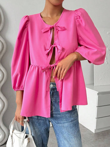 Essnce Women's Summer Casual Solid Color Strap Bowknot Puff Sleeve A-Line Shirt