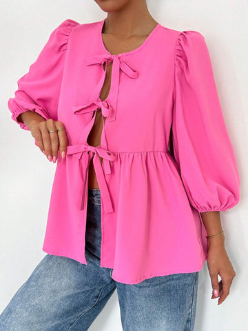 Essnce Women's Summer Casual Solid Color Strap Bowknot Puff Sleeve A-Line Shirt