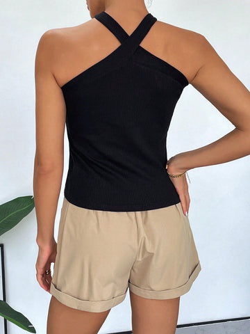 Women's Summer Casual Solid Color Tank Top And Loose Cotton Linen Shorts Set