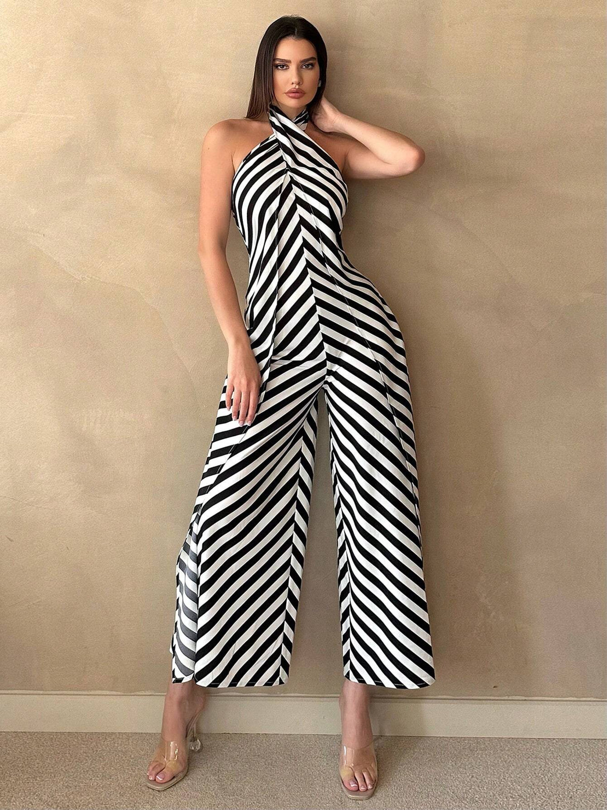 Women's Summer Casual Striped Print Loose Jumpsuit With Halterneck