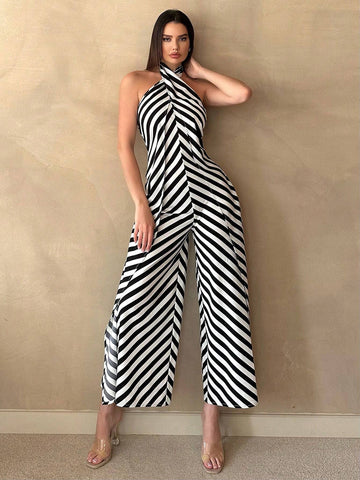Women's Summer Casual Striped Print Loose Jumpsuit With Halterneck