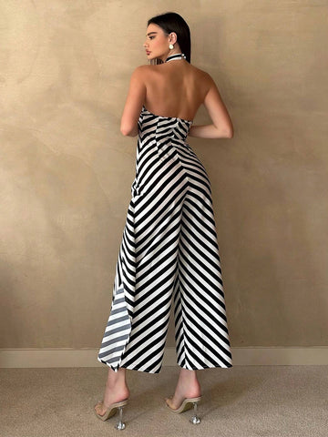 Women's Summer Casual Striped Print Loose Jumpsuit With Halterneck
