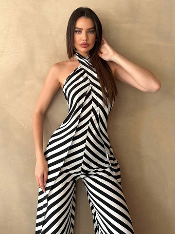 Women's Summer Casual Striped Print Loose Jumpsuit With Halterneck