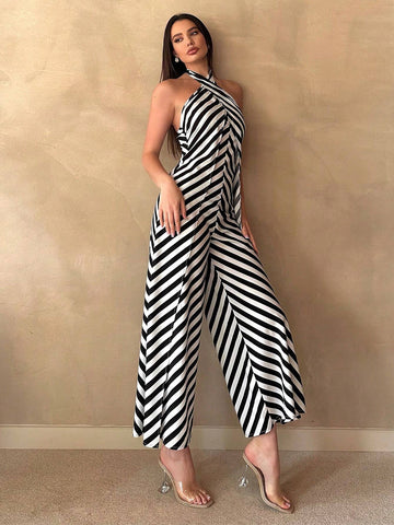 Women's Summer Casual Striped Print Loose Jumpsuit With Halterneck