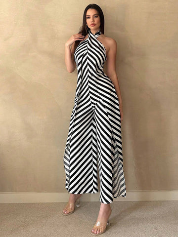 Women's Summer Casual Striped Print Loose Jumpsuit With Halterneck