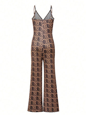 Women's Summer Fashion Full Allover Print Deep V-Neck Jumpsuit