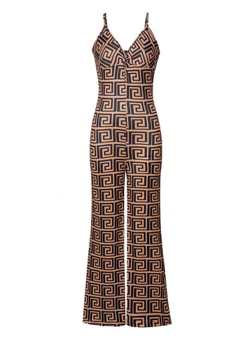 Women's Summer Fashion Full Allover Print Deep V-Neck Jumpsuit