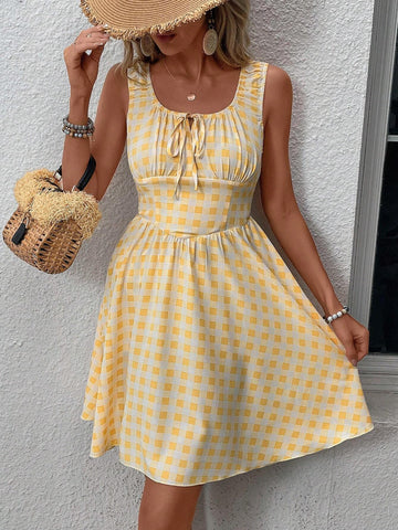 Women's Summer Plaid Print Tied Front Sleeveless Casual Short Dress