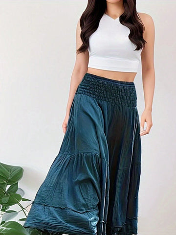 Essnce Women's Summer Plain Shirred High Waist Maxi Skirt