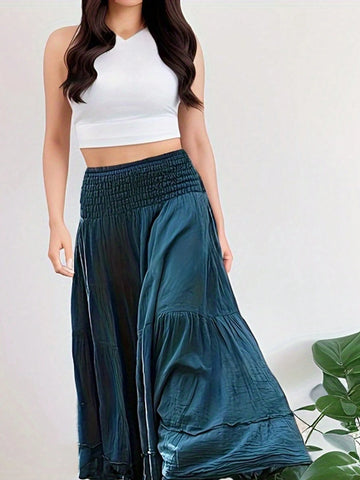 Essnce Women's Summer Plain Shirred High Waist Maxi Skirt