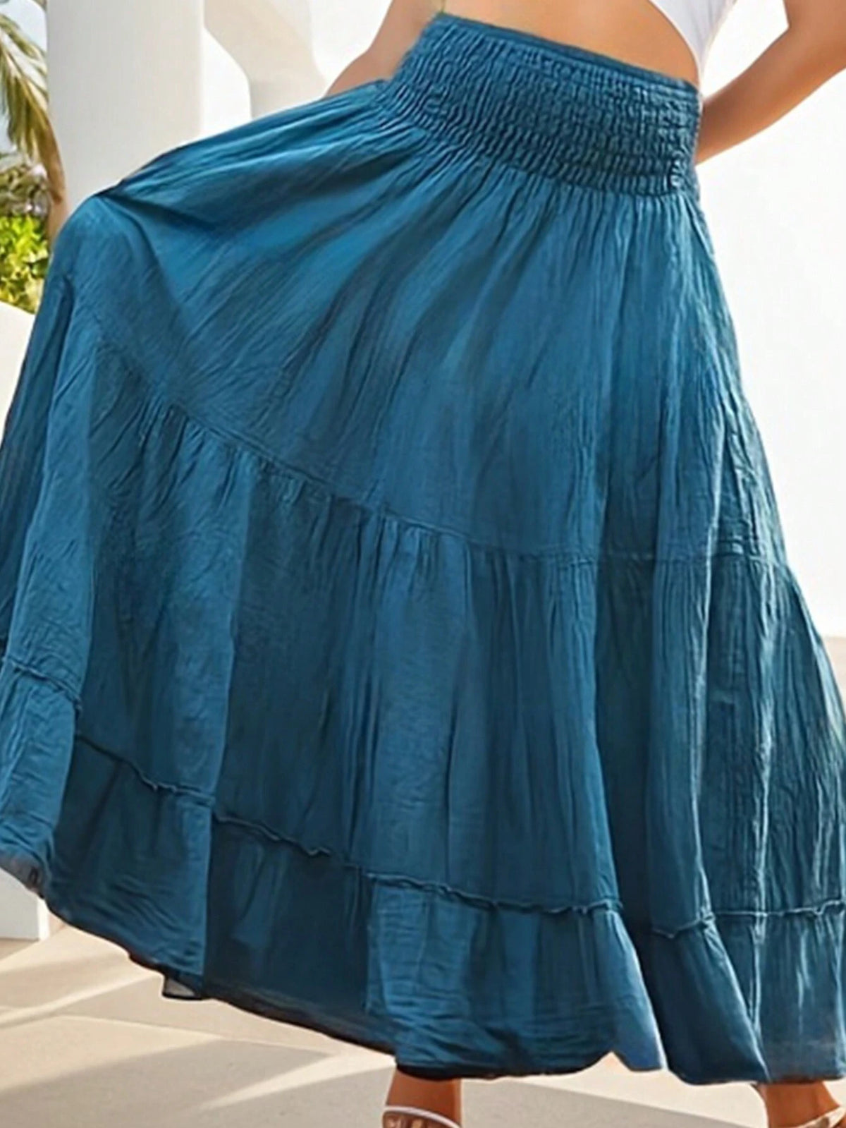 Essnce Women's Summer Plain Shirred High Waist Maxi Skirt