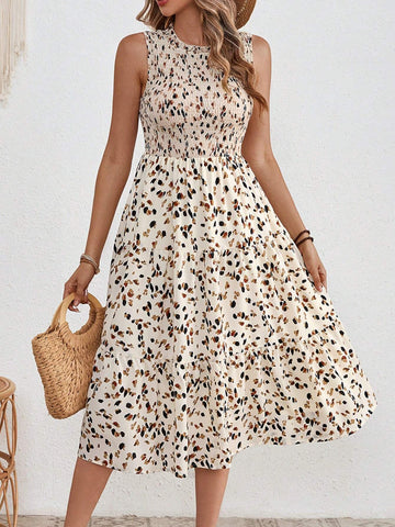 Women's Summer Sleeveless Allover Print Shirred Dress
