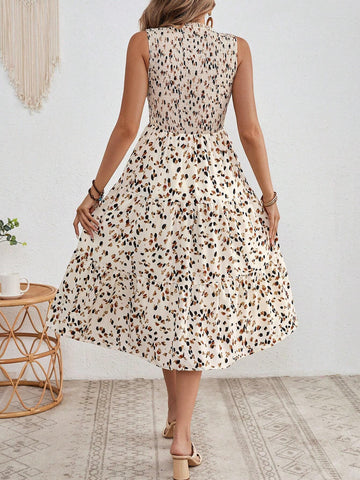Women's Summer Sleeveless Allover Print Shirred Dress