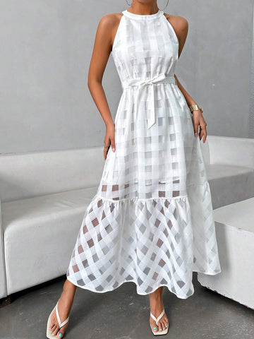 Women's Summer Sleeveless Plaid Self-Tie Halter Neck Keyhole Back Dress