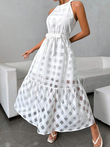 Women's Summer Sleeveless Plaid Self-Tie Halter Neck Keyhole Back Dress