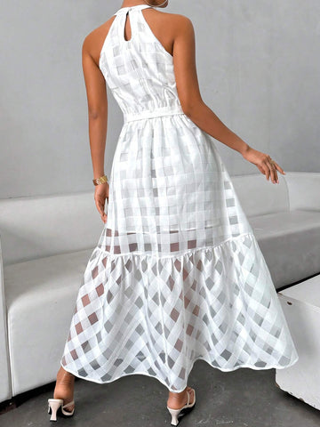Women's Summer Sleeveless Plaid Self-Tie Halter Neck Keyhole Back Dress