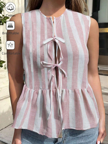 Essnce Women's Summer Sleeveless Tie Collar Pink & White Striped Open Front Shirt