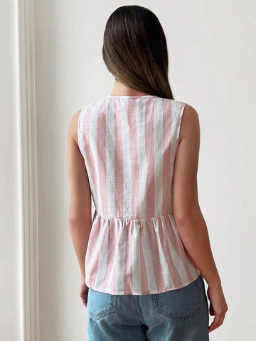Essnce Women's Summer Sleeveless Tie Collar Pink & White Striped Open Front Shirt