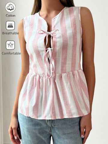 Essnce Women's Summer Sleeveless Tie Collar Pink & White Striped Open Front Shirt