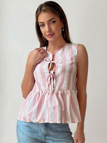 Essnce Women's Summer Sleeveless Tie Collar Pink & White Striped Open Front Shirt