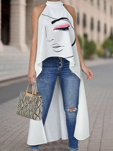 Essnce Women's Summer Sleeveless White Blouse With Face Printed Design, High-Low Hem And V-Neck