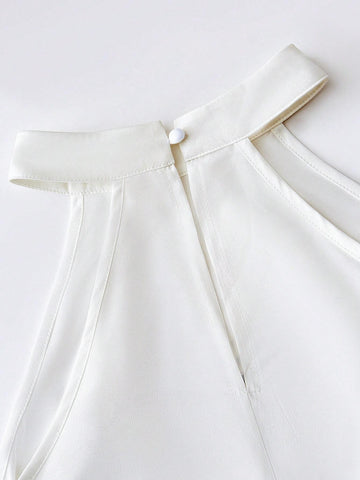 Essnce Women's Summer Sleeveless White Blouse With Face Printed Design, High-Low Hem And V-Neck