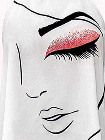 Essnce Women's Summer Sleeveless White Blouse With Face Printed Design, High-Low Hem And V-Neck