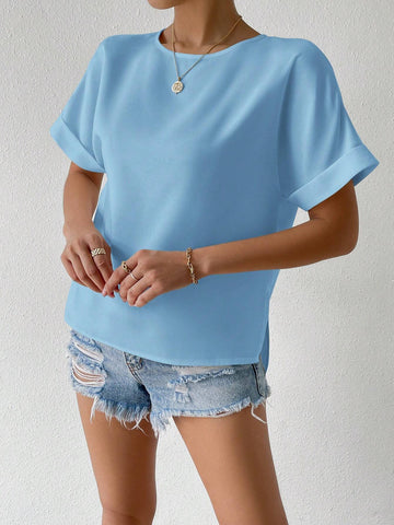 Essnce Women's Summer Solid Color Crew Neck Casual Bat Sleeve Blouse