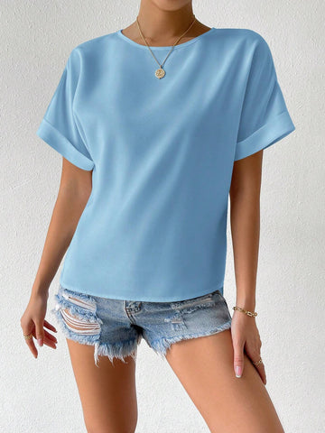 Essnce Women's Summer Solid Color Crew Neck Casual Bat Sleeve Blouse