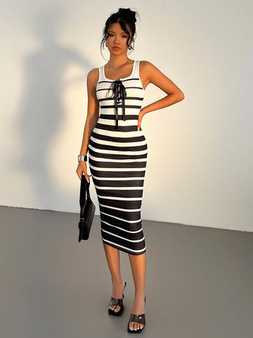 Women's Summer Tie Front Striped Long Slim Fit Sleeveless Elegant Dress