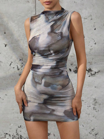 Women's Tie-Dye Ruched Bodycon Dress