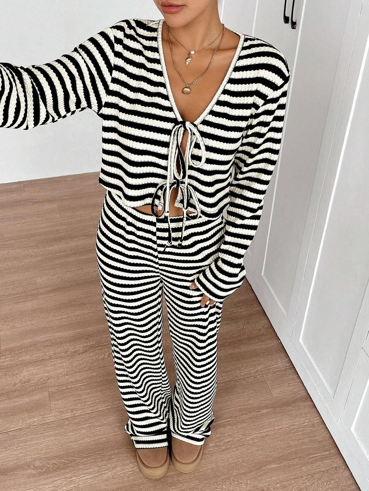 Women's Two-Piece Set With Front Center Bow Tie, Black And White Striped Cardigan, Knitted Striped Extra-Long Floor-Length Pants, Wide-Leg Pants, Loose And Slim Women's Two-Piece Set, Autumn And Winter Suit For Women