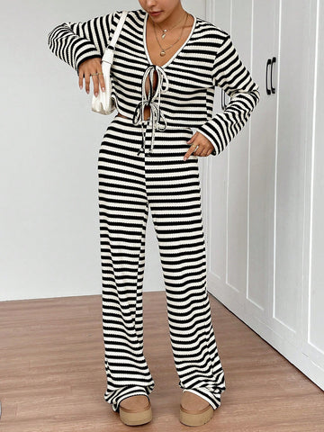 Women's Two-Piece Set With Front Center Bow Tie, Black And White Striped Cardigan, Knitted Striped Extra-Long Floor-Length Pants, Wide-Leg Pants, Loose And Slim Women's Two-Piece Set, Autumn And Winter Suit For Women