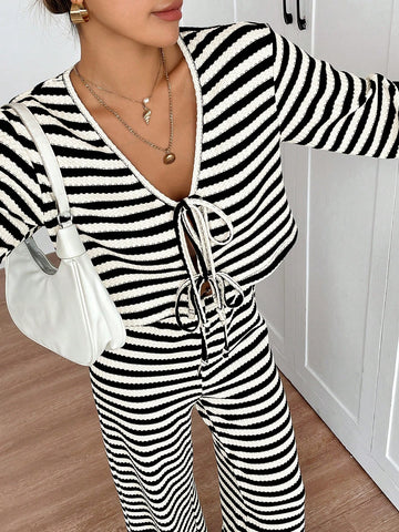 Women's Two-Piece Set With Front Center Bow Tie, Black And White Striped Cardigan, Knitted Striped Extra-Long Floor-Length Pants, Wide-Leg Pants, Loose And Slim Women's Two-Piece Set, Autumn And Winter Suit For Women