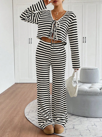 Women's Two-Piece Set With Front Center Bow Tie, Black And White Striped Cardigan, Knitted Striped Extra-Long Floor-Length Pants, Wide-Leg Pants, Loose And Slim Women's Two-Piece Set, Autumn And Winter Suit For Women