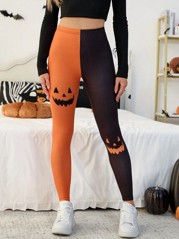 Essnce Women's Two-Tone Halloween Themed Print Leggings,Ghost Face,Pumpkin,Halloween