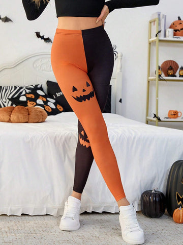 Essnce Women's Two-Tone Halloween Themed Print Leggings,Ghost Face,Pumpkin,Halloween