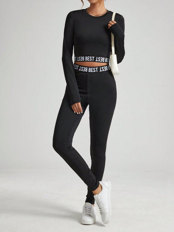 Women's Two Piece Letter Print Weave Belt Set