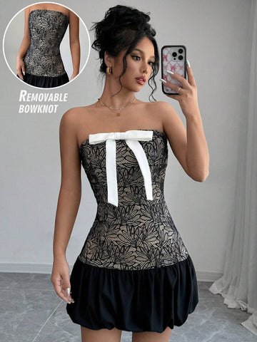 Women's Unique Slim-Fit Bowknot Lace Bustier Peplum Mini Dress