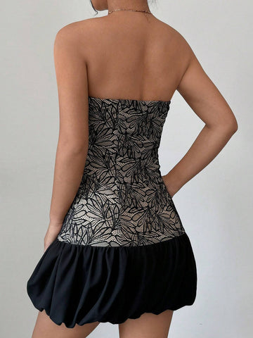 Women's Unique Slim-Fit Bowknot Lace Bustier Peplum Mini Dress