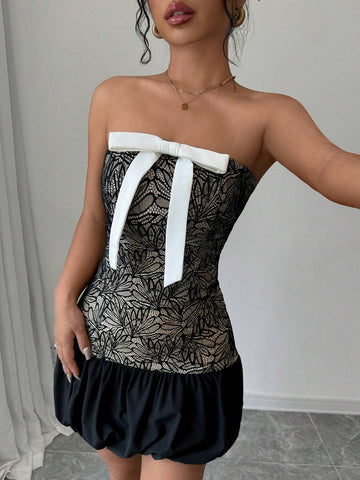 Women's Unique Slim-Fit Bowknot Lace Bustier Peplum Mini Dress