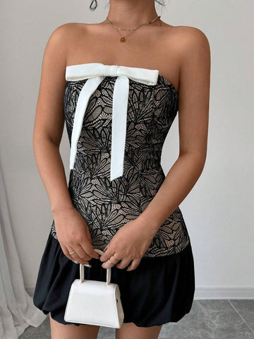 Women's Unique Slim-Fit Bowknot Lace Bustier Peplum Mini Dress