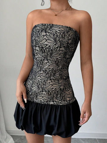Women's Unique Slim-Fit Bowknot Lace Bustier Peplum Mini Dress