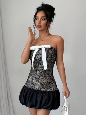 Women's Unique Slim-Fit Bowknot Lace Bustier Peplum Mini Dress