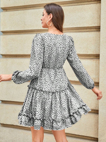 Women's V-Neck All-Over Print Ruffle Hem Long Sleeve Dress
