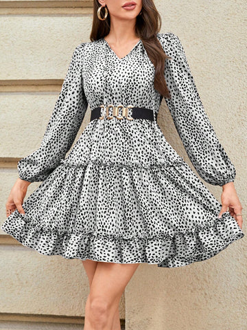 Women's V-Neck All-Over Print Ruffle Hem Long Sleeve Dress