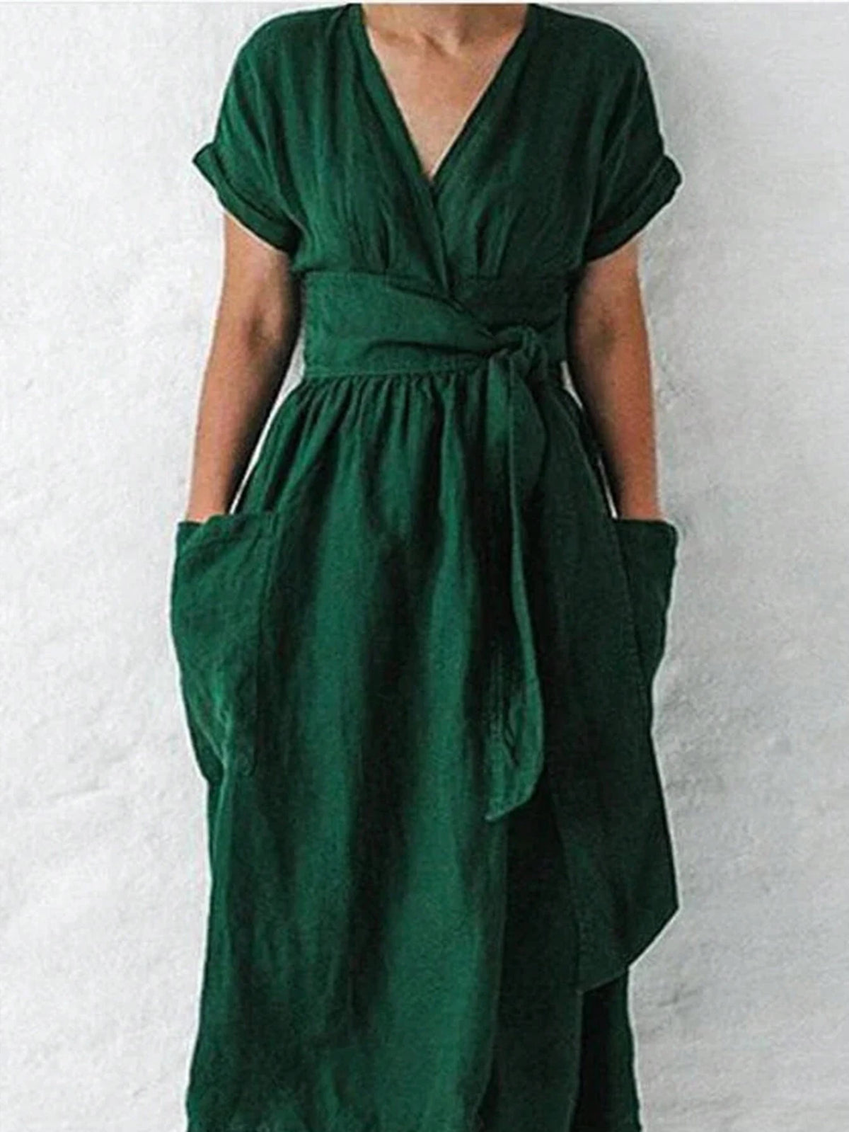 Women's V-Neck Belted Casual Summer Dress With Pockets