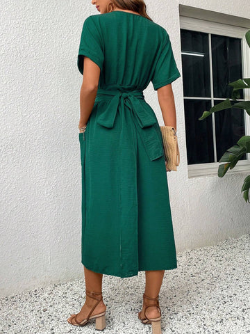 Women's V-Neck Belted Casual Summer Dress With Pockets