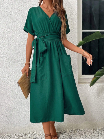 Women's V-Neck Belted Casual Summer Dress With Pockets